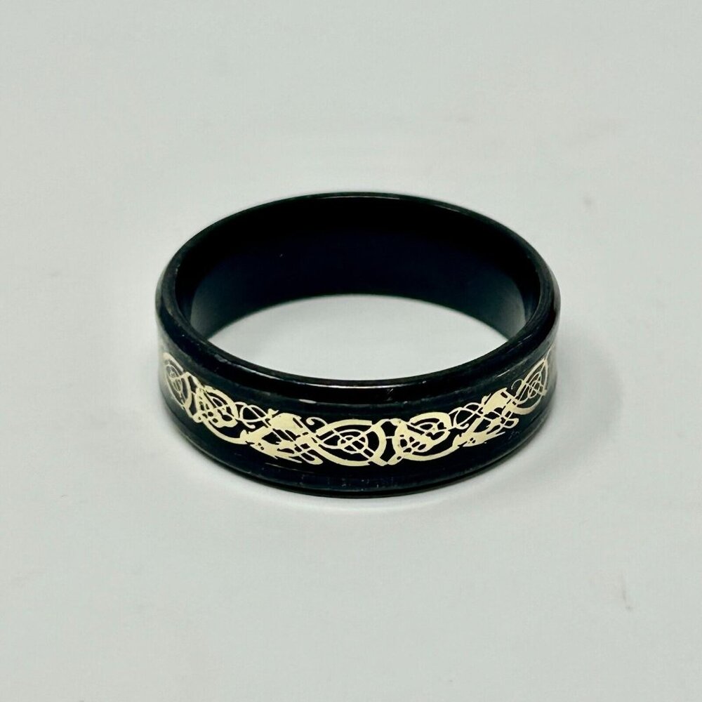 Black & Yellow Ion-Plated Stainless Steel Celtic Dragon Band - Size 12.5 Goth